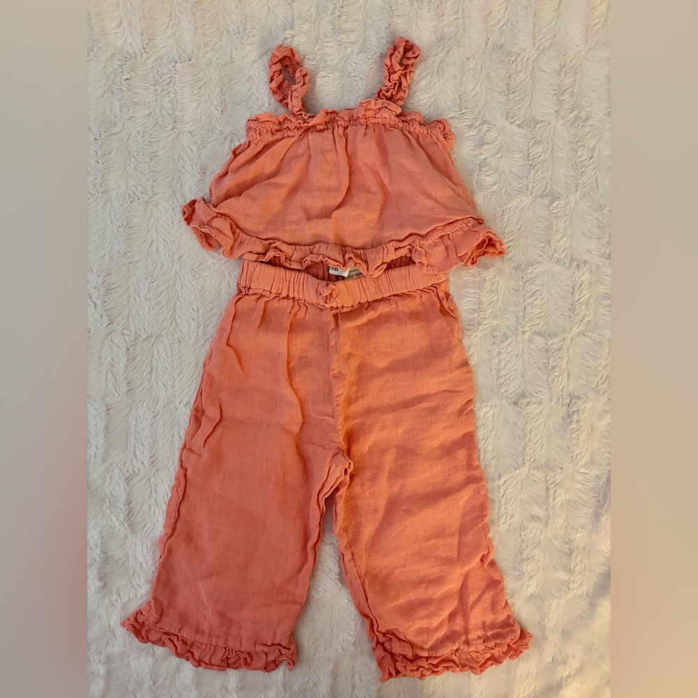 Zara Baby Coral Linen Ruffle Set